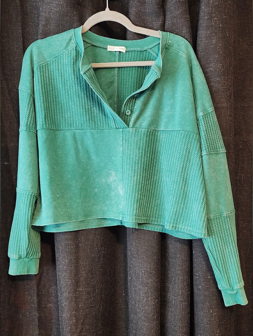 Fitz + Eddi Green Waffle Knit Henley Top Size Large Long Sleeve Casual
